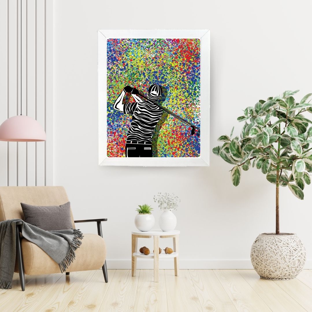 Modern Golf Swing Art Print – Abstract Color Splash Wall Frame for Golf Lovers