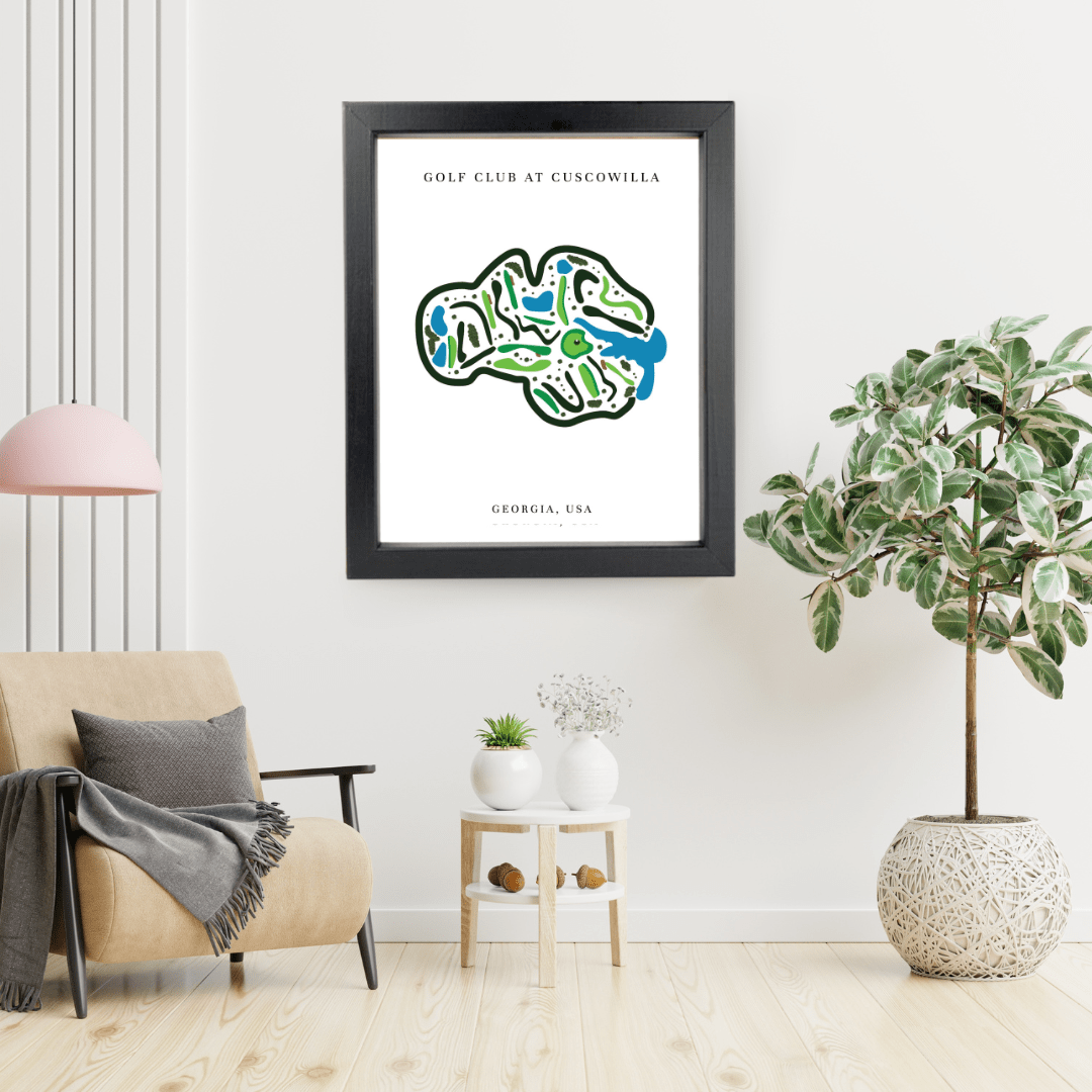 Framed artwork of a golf course map on a wall in a modern living room.